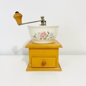 Vintage Pfaltzgraff Tea Rose Hand Crank Coffee Grinder Wood and Ceramic Floral